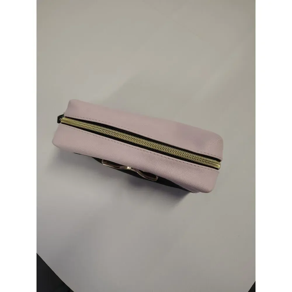 Victoria's Secret Cosmetic Pink/Black Gold Logo Metal Bow Zip Travel Bag